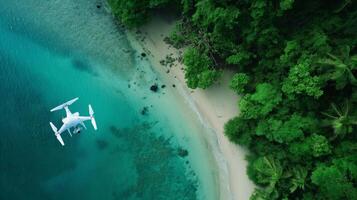 Aerial View of Coastal Area with Drone for Environmental Monitoring Ideal for Posters and Environmental Awareness Campaigns photo