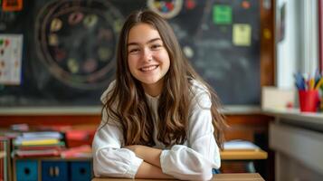 Smiling Polish Student in Classroom, Engaging Educational Setting for Diverse Academic Concepts and BacktoSchool Themes photo