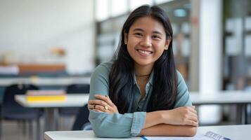 Indonesian Female Student Smiling at Desk in Classroom, Educational Environment, Diversity in Learning, Suitable for Academic Posters photo