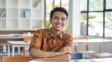 Indonesian Male Student Smiling at Desk in Classroom, Educational Environment, Concept of Dedication and Learning photo
