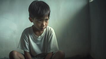Portrait of a Filipino Boy in Deep Contemplation, Low Light Setting, Reflective Mood for Emotional Outreach Projects photo