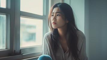 Contemplative Young Southeast Asian Woman Looking Out a Window, Capturing Serene Emotions, Perfect for Magazine Covers, Print Ads, and Posters photo