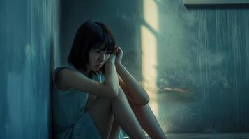 Contemplative Asian Woman Sitting Alone in Dimly Lit Room, Deep in Thought, Highlighted by a Stream of Light from Window photo