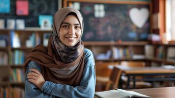Middle Eastern Female Student in Classroom, Studying in a Cozy School Library, Wearing Hijab, Education and Learning Concept photo