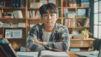 Young Korean Male Student Sitting at Desk in a Library, Focused on Learning and Studying for Exams photo