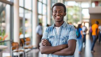 Smiling African Male Student Posing in University Lobby, Education Diversity Concept for Design, Poster, Print photo