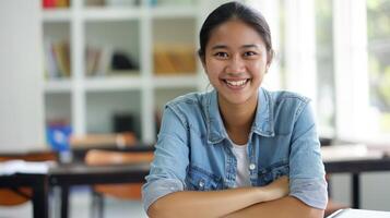 Indonesian Student Smiling in Classroom, Education and Diversity Concept, Academic Environment, Study Space for Learning, Design for Print, Poster, Cards photo