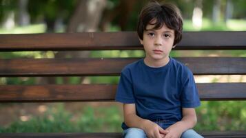 Thoughtful Young Greek Boy Sitting on Park Bench in Summer, Ideal for Editorial Use or Website Design photo