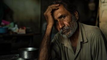 Portrait of a MiddleAged Pakistani Man in Deep Thought, Indoors, Highlighting Pensive Expression and Weathered Appearance photo