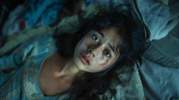 Emotional Portrait of a Teenage South Asian Girl with a Vulnerable Expression Lying Down photo