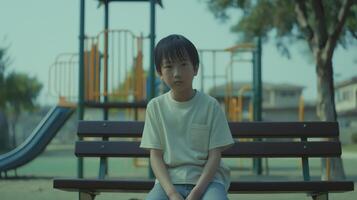 Thoughtful East Asian Boy Sitting on Park Bench in Serene Playground Setting, Ideal for Educational and Lifestyle Design photo