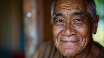 Portrait of a Smiling Elderly Pacific Islander Man, CloseUp Shot, Focus on Warm Expression, Traditional Setting, Print or Poster Design photo