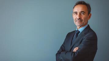 Confident MiddleAged Businessman in a Suit with Crossed Arms on a Minimalistic Background photo