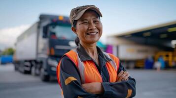 Middle Aged Thai Woman Smiling in Front of Industrial Truck for Diversity Concept, Transport Industry photo