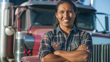 Native American Truck Driver Smiling Confidently in Front of Red SemiTruck, Automotive Industry, Transportation, Stock Image for Business, Advertisement, Poster Design photo