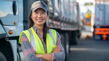 East Asian Woman Smiling in Safety Vest and Cap, Female Worker in Logistics, Transportation Industry, Concept of Work Safety, Diversity in the Workplace photo