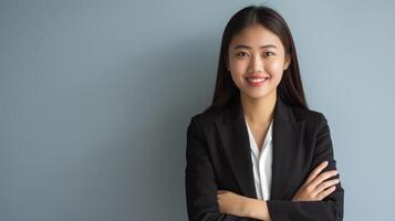 Confident Young Southeast Asian Businesswoman Wearing Black Blazer and White Shirt, Suitable for Business Publications photo