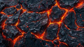 Volcanic Lava Surface Texture With Glowing Red Cracks, Detailed Dark Black Lava, Nature Background Design for Posters photo