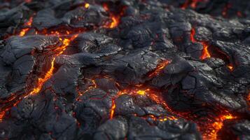 Detailed CloseUp of Dark Black Lava Surface with Glowing Red Cracks for Texture and Background Design photo