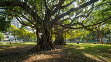 Majestic Banyan Tree in Urban Park Setting, Nature Conservation, Tranquil Green Space for Relaxation and Recreation photo