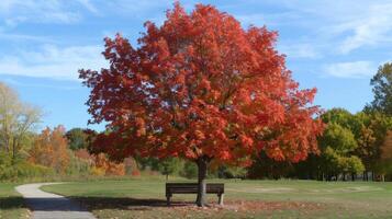 Autumn Maple Tree in Suburban Park with Clear Blue Sky and Scenic Path for Nature Walks and Relaxation photo