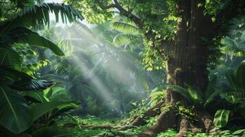 Lush Tropical Forest with Sunlight Filtering through Dense Canopy Ideal for Nature Design and Print photo