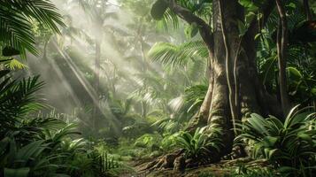 Lush Tropical Forest with Sunlight Streaming Through Trees, Ideal for Nature, Environmental, and Poster Designs photo