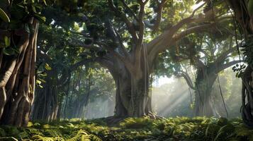 Majestic Banyan Tree with Sunlight Filtering Through Dense Tropical Forest Canopy photo