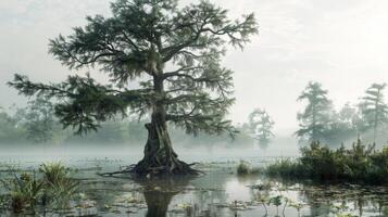 Majestic Cypress Tree Standing in Tranquil Foggy Wetlands for Nature and Landscape Photography photo