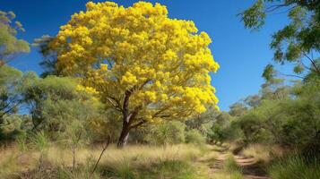 Golden Wattle Tree in Bloom on a Clear Day, Surrounded by Greenery, Ideal for NatureThemed Projects and Stock Photography photo