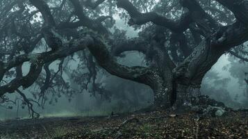 Mysterious Forest with Ancient Oak Tree, Misty Morning, Enchanted Nature Scenery, Landscape Photography for Print, Poster, Wall Art photo