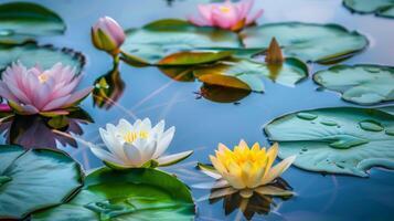 Serene Water Lily Pond Floral Background for Calming and Inspirational Designs photo