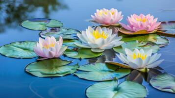 Serene Water Lilies in Bloom on a Calm Lake Surface for Natural Backgrounds and Prints photo