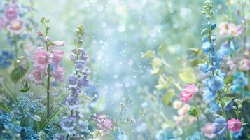 Whimsical Floral Background with Pastel Flowers and Soft Light Bokeh Perfect for Spring or Summer Design photo