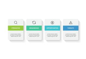 SWOT diagram with 4 steps, options, parts or processes. Threats, weaknesses, strengths, opportunities of the company. vector