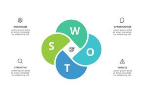 SWOT diagram with 4 steps, options, parts or processes. Threats, weaknesses, strengths, opportunities of the company. vector