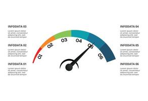 Speedometer infographic with 6 elements template for web, business, presentations, illustration. Business data visualization. vector