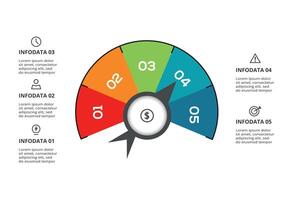 Speedometer infographic with 5 elements template for web, business, presentations, illustration. Business data visualization. vector