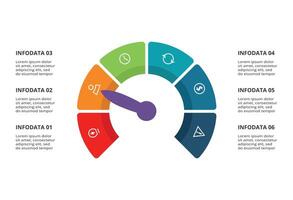 Speedometer infographic with 6 elements template for web, business, presentations, illustration. Business data visualization. vector