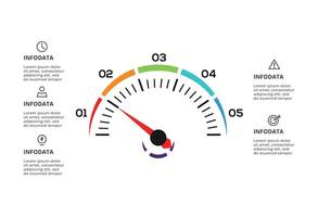 Speedometer infographic with 5 elements template for web, business, presentations, illustration. Business data visualization. vector