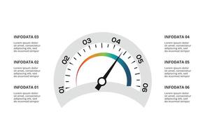 Speedometer infographic with 6 elements template for web, business, presentations, illustration. Business data visualization. vector