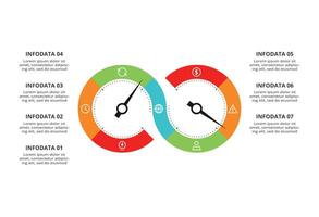Speedometer infographic with 7 elements template for web, business, presentations, illustration. Business data visualization. vector
