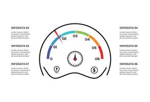 Speedometer infographic with 6 elements template for web, business, presentations, illustration. Business data visualization. vector