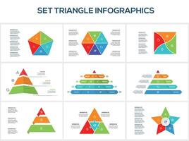 Set triangle with 4, 5, 6, 8 elements, infographic template for web, business, presentations, illustration. Business data visualization. vector