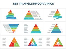 Set triangle with 3, 5, 6, elements, infographic template for web, business, presentations, illustration. Business data visualization. vector