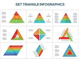Set triangle with 3, 4, 6, 8 elements, infographic template for web, business, presentations, illustration. Business data visualization. vector
