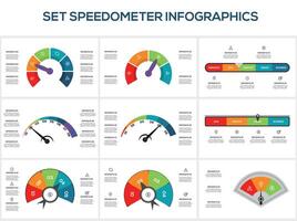Set speedometer with 3, 4, 5, 6, 8 elements, infographic template for web, business, presentations, illustration. Business data visualization. vector