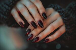Girl's hands with a beautiful art manicure design nails extension procedure in a beauty salon photo