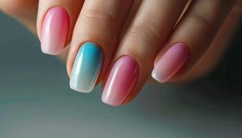 Girl's hands with a beautiful art manicure design nails extension procedure in a beauty salon photo