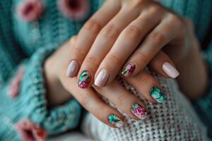 Girl's hands with a beautiful art manicure design nails extension procedure in a beauty salon photo